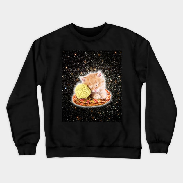 Galaxy Kitty Cat Riding Pizza In Space Crewneck Sweatshirt by Random Galaxy